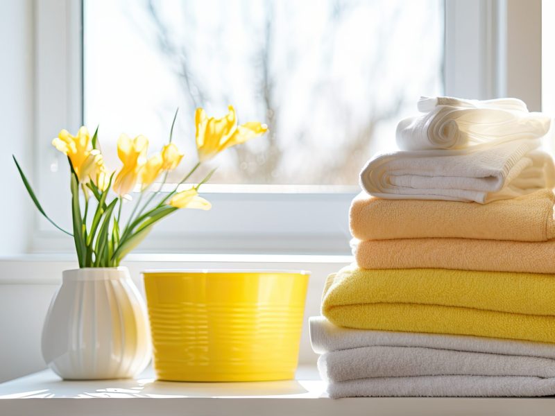 Asciugamani morbidi e colorati illuminati da un caldo raggio di sole