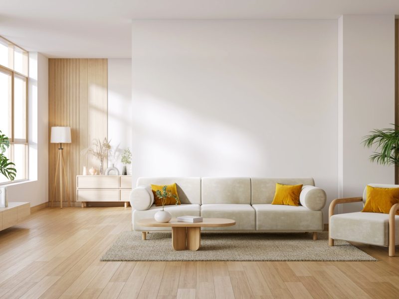Modern,Mid-century,Interior,Living,Room,With,White,Sofa,And,Wooden